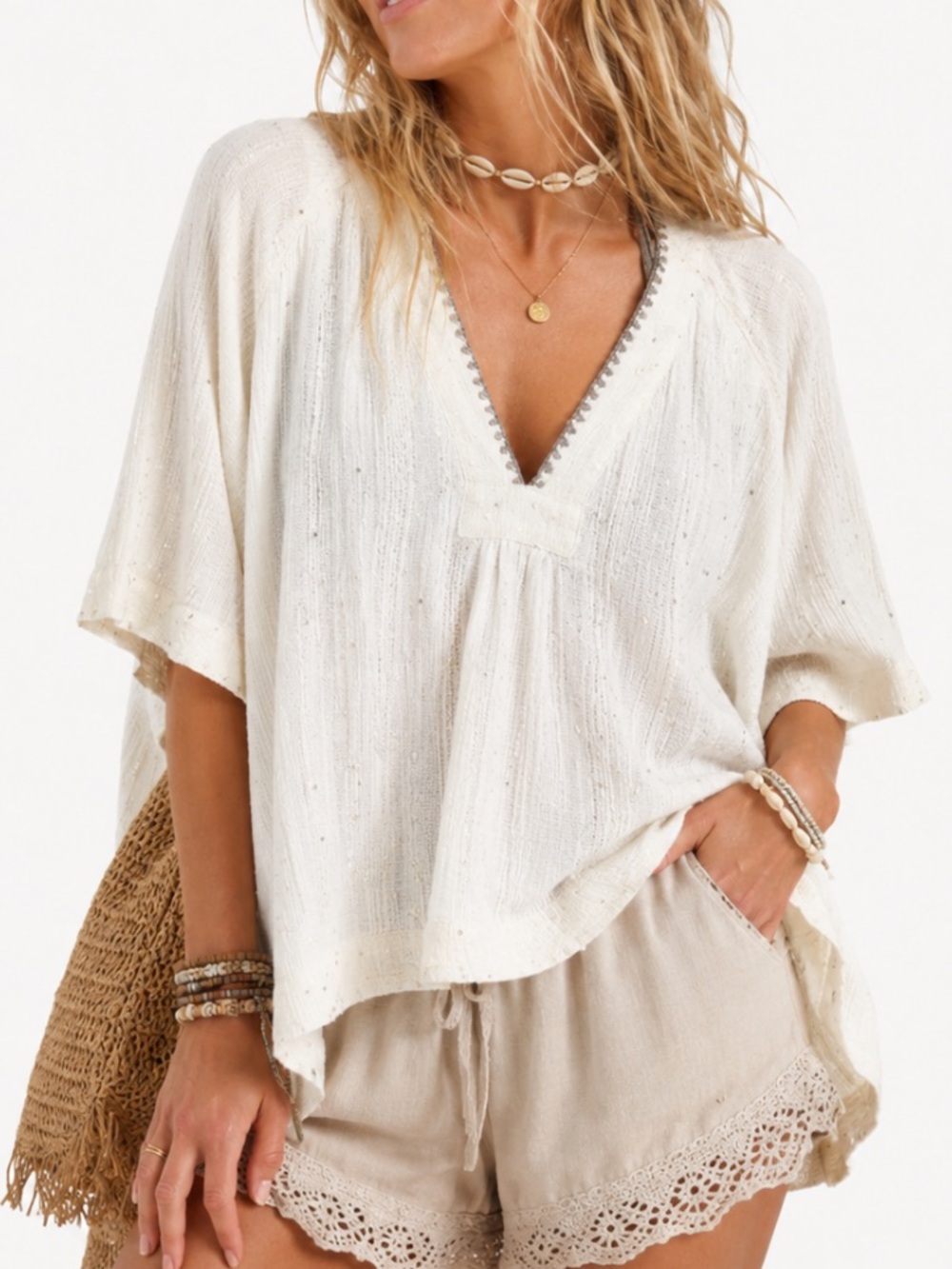 FREE PEOPLE White Coastal Boho Metallic Sequin Artisanal Boxy Peasant Top Size M